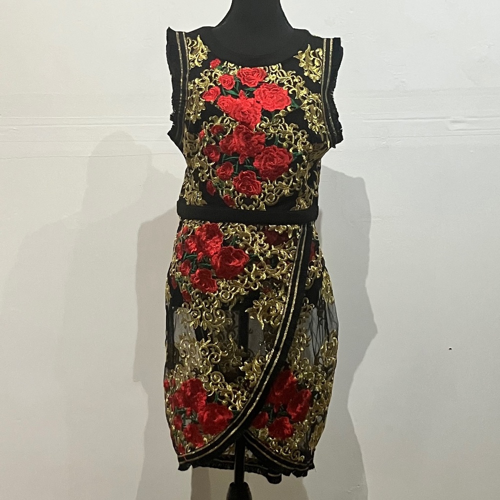 Wow, couture, red, black and gold lace dress